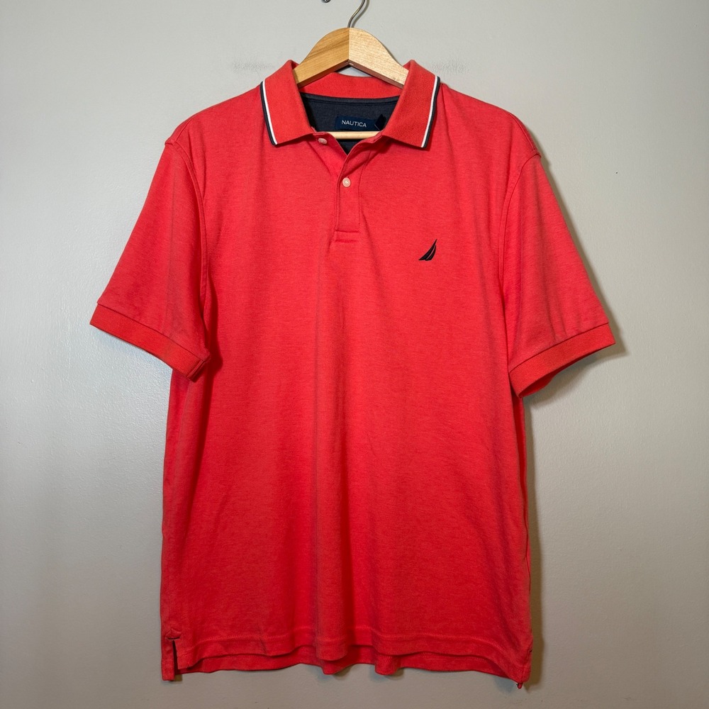 Nautica Mens Large Red Short Sleeve Polo Shirt Tipped Collar Embroidered Logo